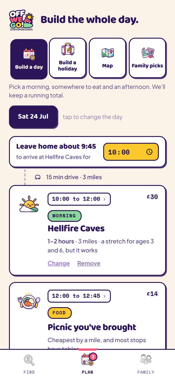 A day built by hand with times: leave home at 9:45, Hellfire Caves at 10:00, a picnic, then Black Park, with the running total